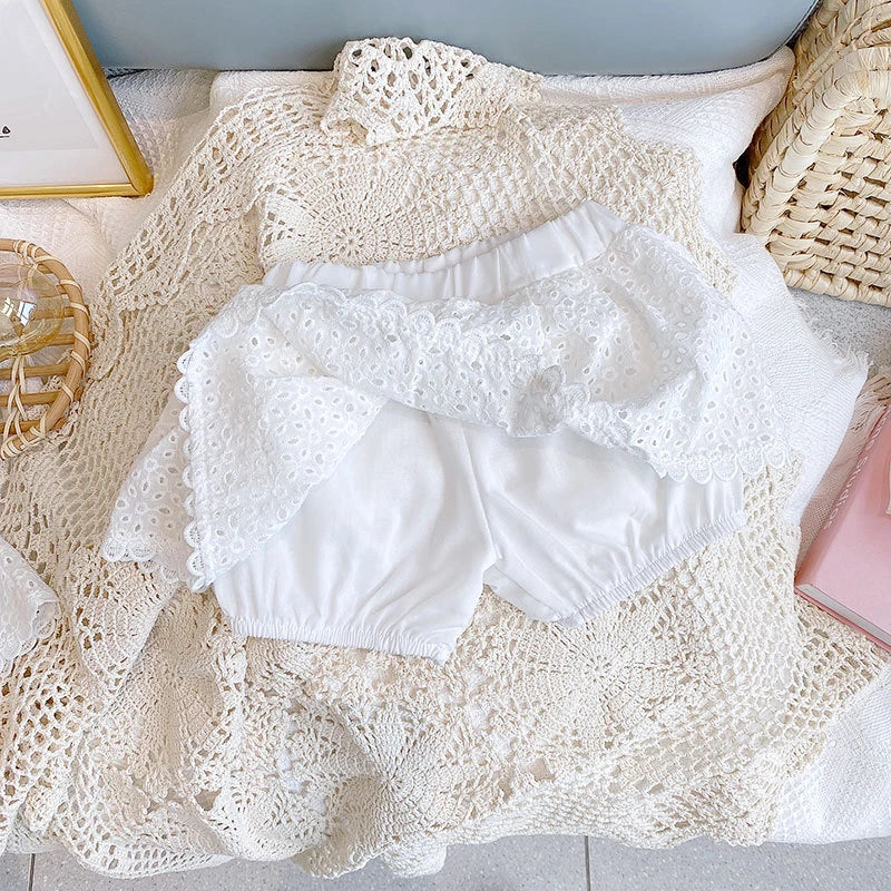 Girls 2024 Summer Clothing Sets Hollow Lace Suit Baby Casual Sleeveless T-shirt+Shorts Kids Clothing Sets Baby Clothes Outfits - TiniLoom