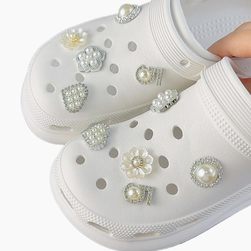10PCS Luxury Shoe Charms Set Accessories Hole Shoe Buckle Pearl Rhinestone Flower DIY Shoes Decorations Girls Party Woman Gift - TiniLoom