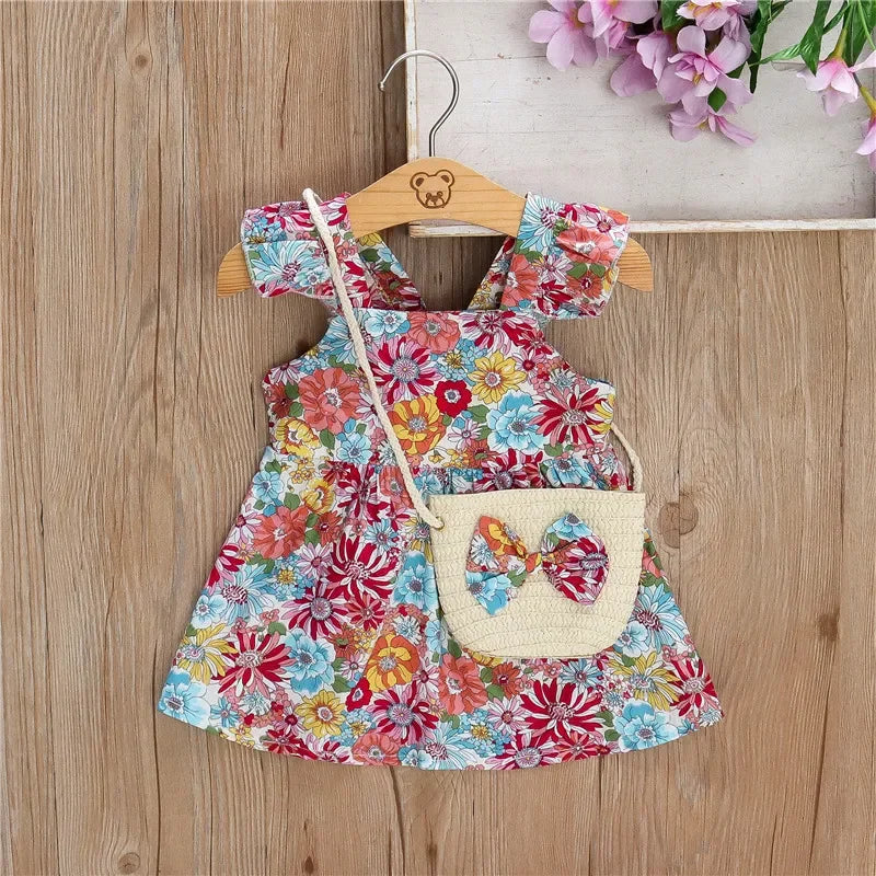 (Girls 0-3 years old)New Summer Girls Dress Halter Small Flying Sleeve Ruffled Flowers Full Print + Crossbody Bag A-line Dress - TiniLoom
