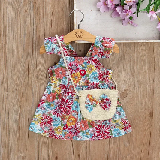 (Girls 0-3 years old)New Summer Girls Dress Halter Small Flying Sleeve Ruffled Flowers Full Print + Crossbody Bag A-line Dress - TiniLoom