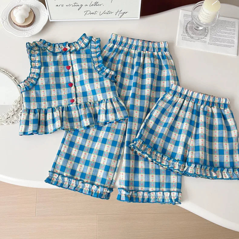 Children's Clothing Sets Blue Plaid Floral Print Sleeveless Top + Wide Leg Pants + Shorts 3 Pcs Sets Kids Clothes for Girls - TiniLoom