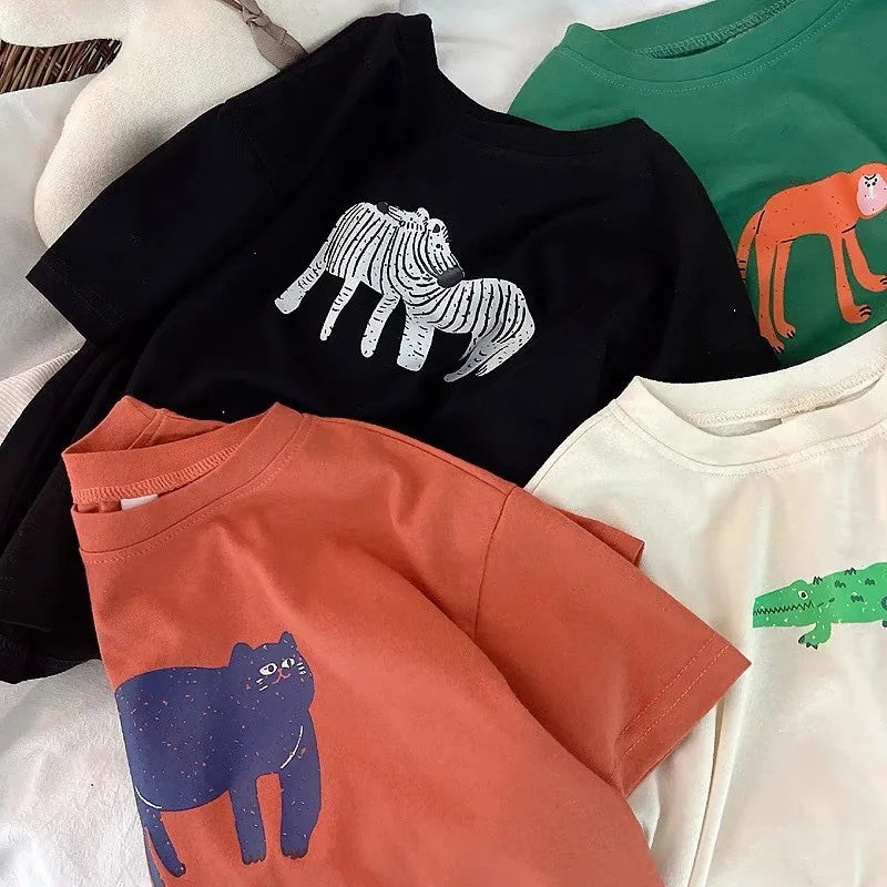 Animal Pattern Baby Boys Girls Short Sleeve Tops Kids Tees Summer Clothing Loose Fashion Trendy Children's Wear T-shirt O-neck - TiniLoom