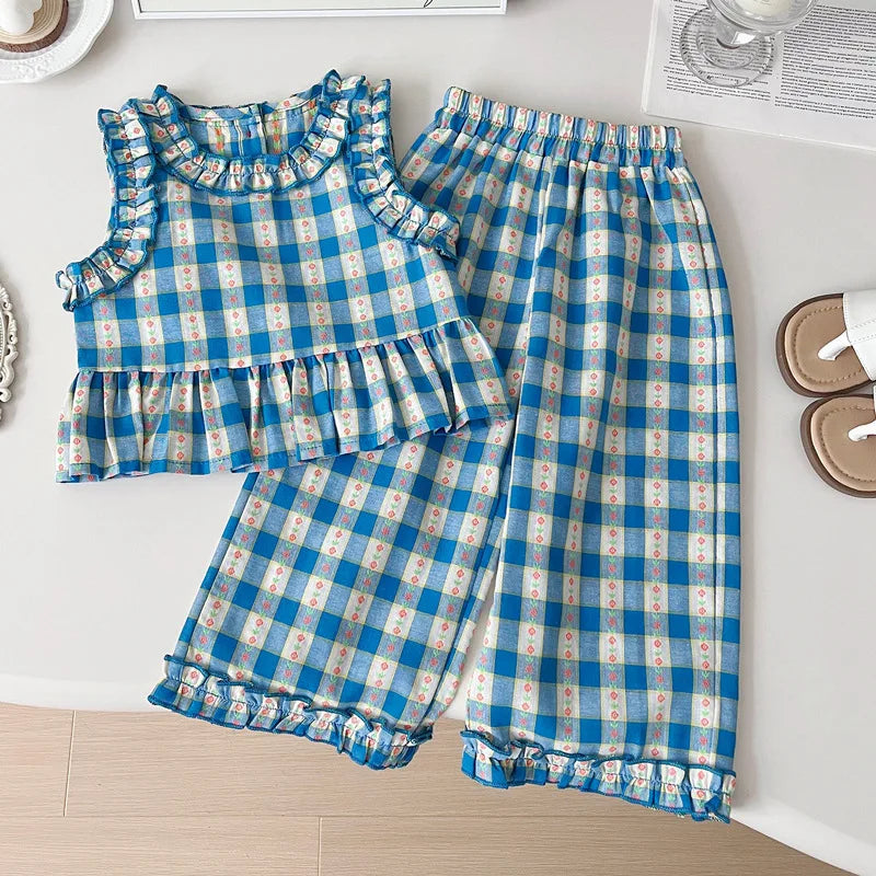 Children's Clothing Sets Blue Plaid Floral Print Sleeveless Top + Wide Leg Pants + Shorts 3 Pcs Sets Kids Clothes for Girls - TiniLoom