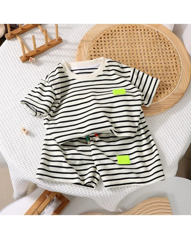2Pcs Fashion Children Short Sleeve Shorts Sets Summer Kids Clothes Boys Baby Cotton Tee Pant Outfits Black and White Stripe - TiniLoom
