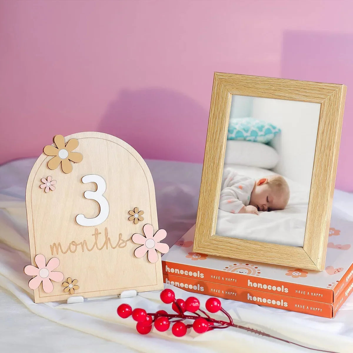 Wooden Baby Monthly Milestone Cards Flowers Double Sides Number Month Girls Boys Newborn Photography Props Accessories
