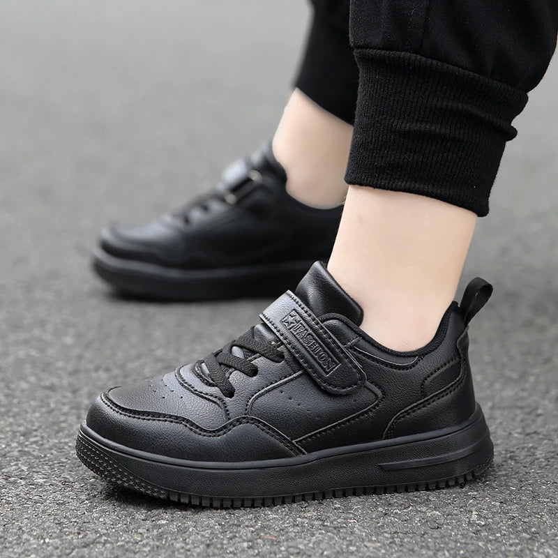 Children Sneaker Boys Casual Shoes Black Leather Flat Student Walking Shoes Non-slip Girl Lightweight Sports Tennis Footwear - TiniLoom