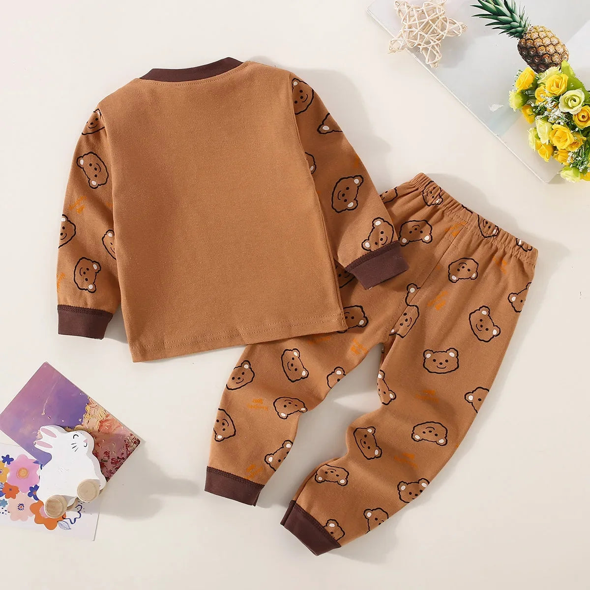 Toddler Boys Underwear Set Cotton Lettering And Bear Pattern Long Sleeve Top And Matching Pants Pajama Set - TiniLoom
