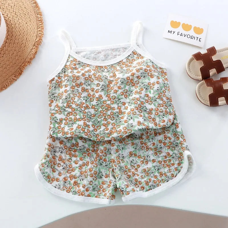 Girls Summer Clothes Sets New Baby Sleeveless Tops Shorts 2 Pieces Suit Girls Square Collar Clothing Set Kids Cotton Clothes - TiniLoom