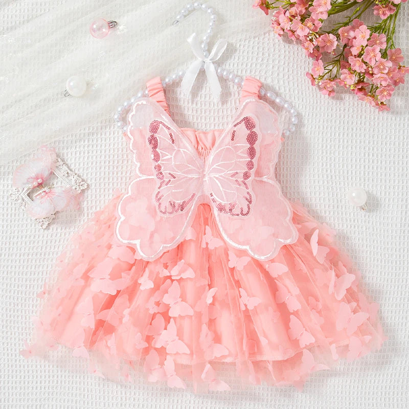 Baby Girl Dress Summer Butterfly Mesh Suspender Girl Dress Cute Back Wings Girl Wedding Flower Girl Dress - TiniLoom