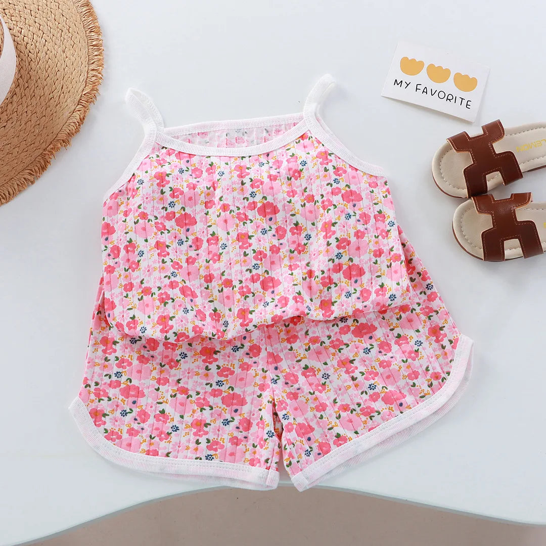 Girls Summer Clothes Sets New Baby Sleeveless Tops Shorts 2 Pieces Suit Girls Square Collar Clothing Set Kids Cotton Clothes - TiniLoom