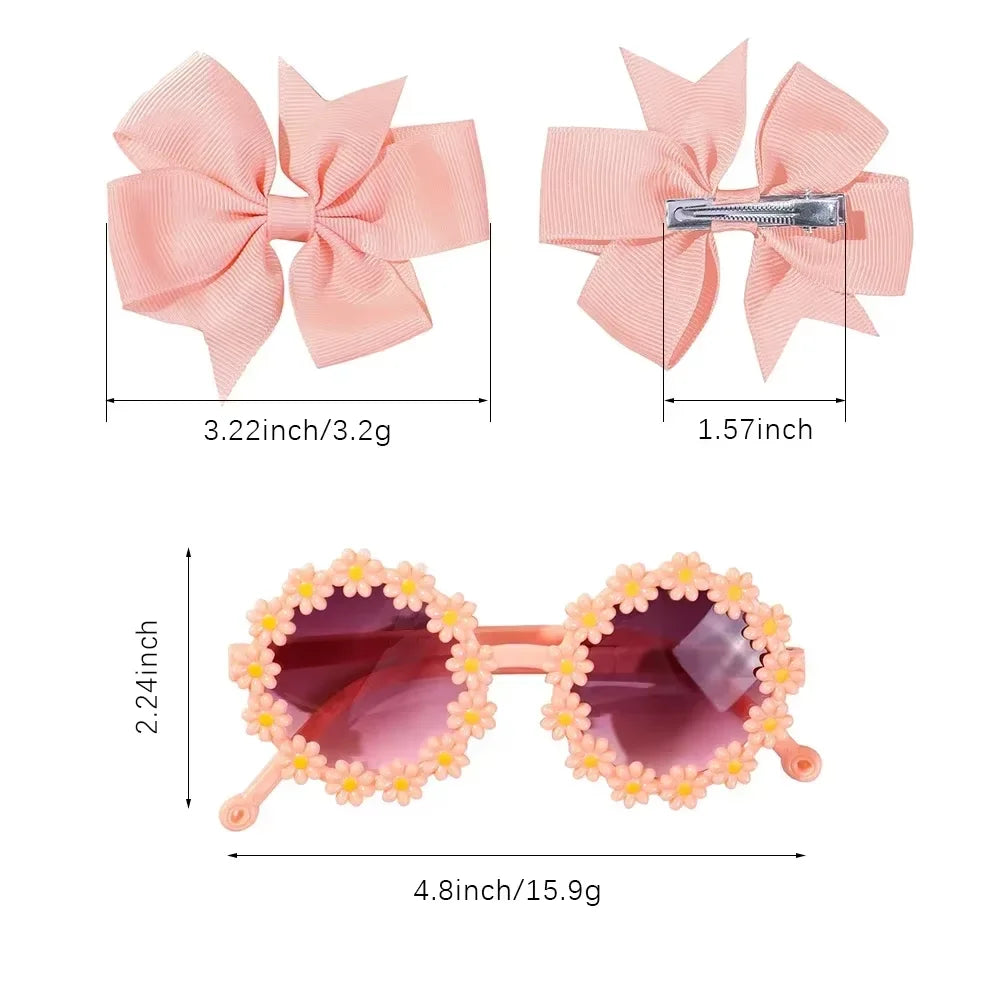 3Pcs/set Cheer Bow Hairclips Retro Flower Sunglasses for Kids Printing Handmade Hairgripes Girls Headwear Glasses Accessories - TiniLoom