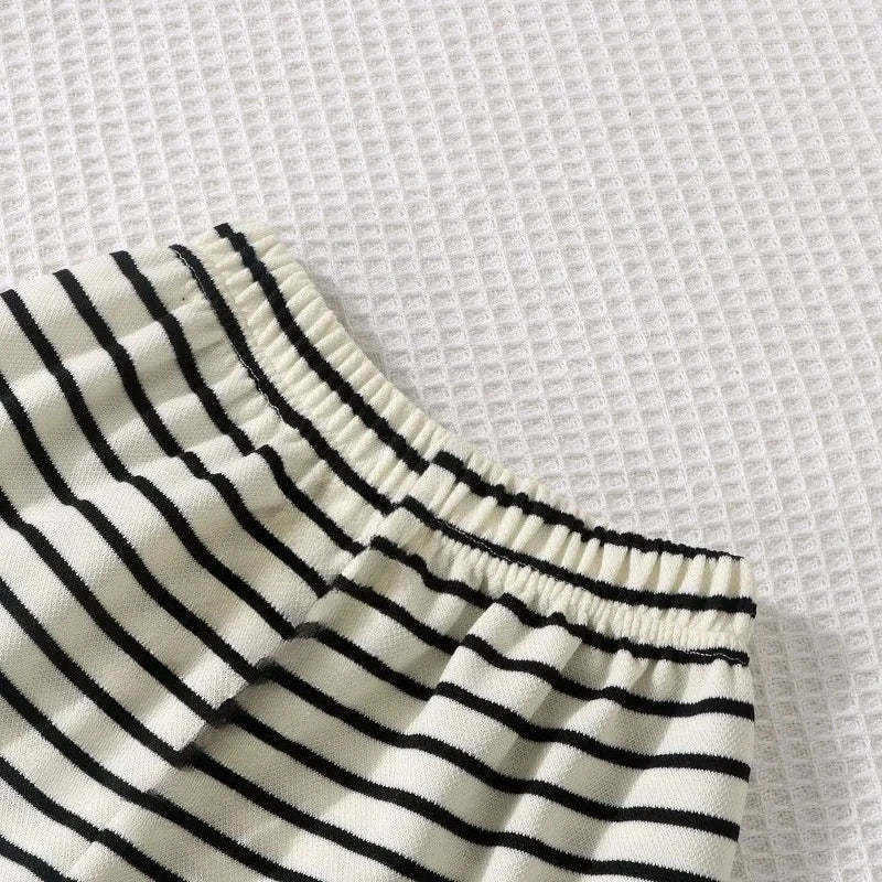 2Pcs Fashion Children Short Sleeve Shorts Sets Summer Kids Clothes Boys Baby Cotton Tee Pant Outfits Black and White Stripe - TiniLoom