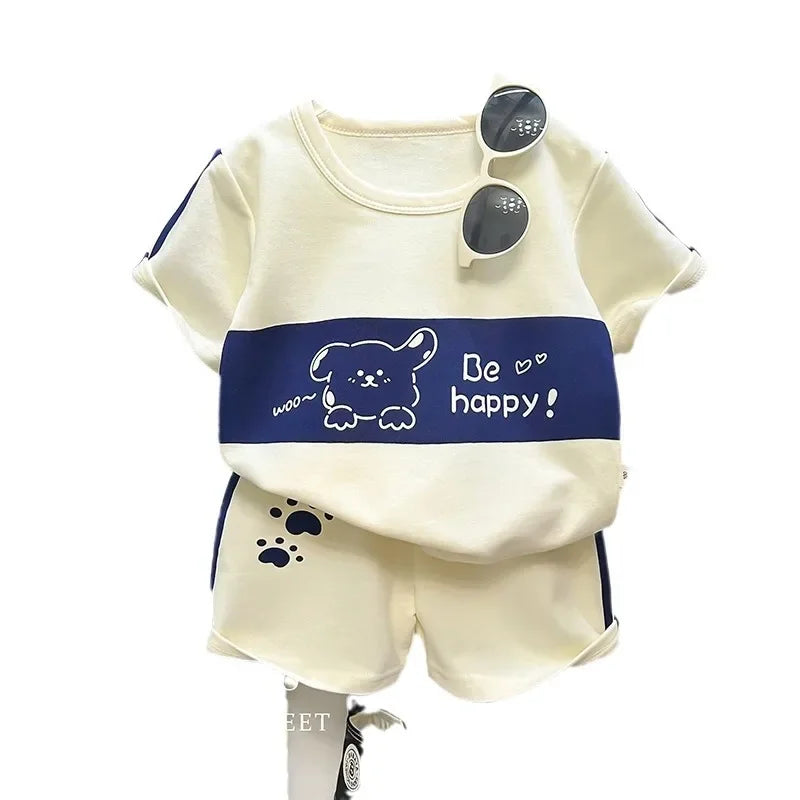 Children's Top and Bottom Clothes Set Short-sleeved Suit Striped Girls Boys T-shirt Summer Children's Clothing Loungewear Outfit - TiniLoom