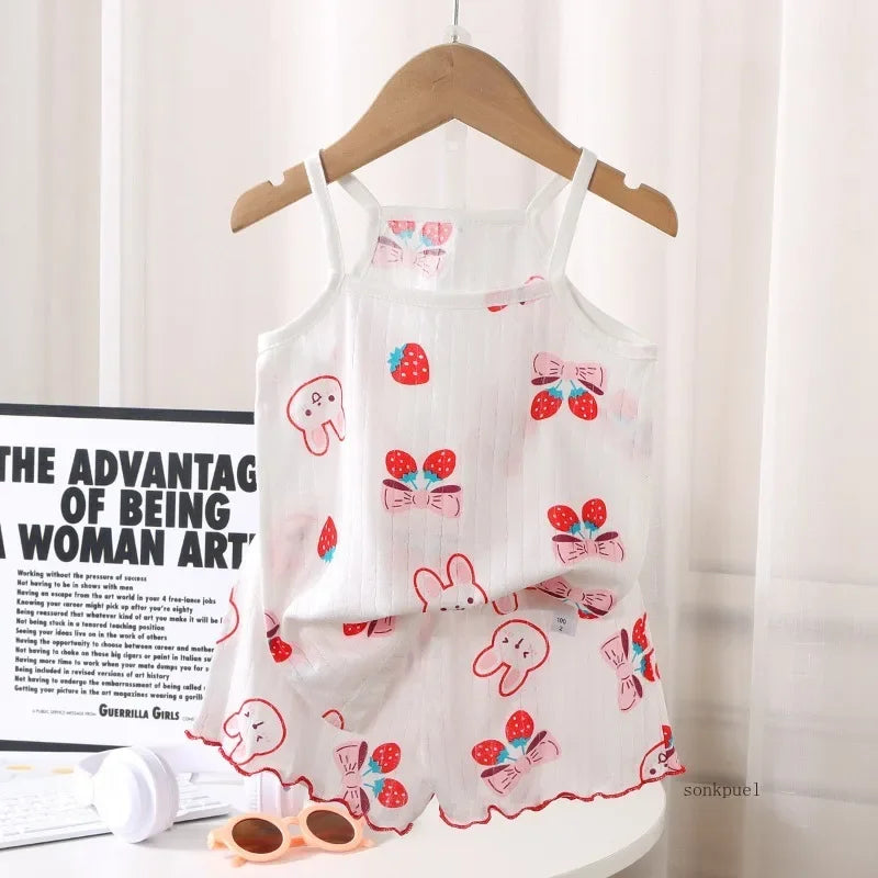 2024 New Kids Tops+shorts Set Summer Thin Baby Cotton Vest Sleeveless Loungewear Set for Girls Suit - TiniLoom