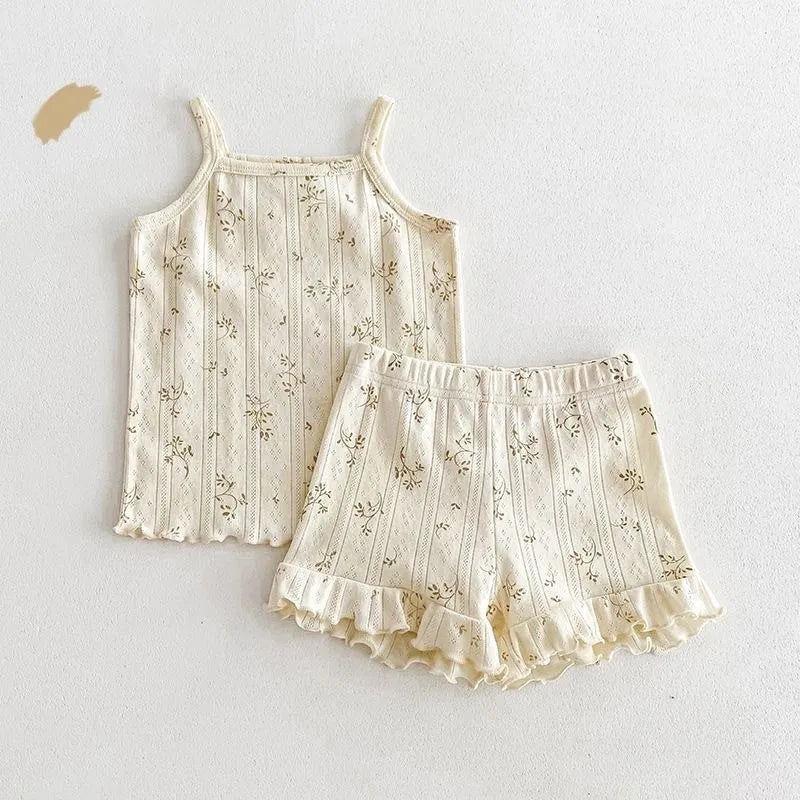 Fashion Baby Girl Cotton Floral Print Clothes Set Strap Vest+Shorts 2PCS Infant Toddler Child Summer Homesuit Baby Clothes 1-10Y