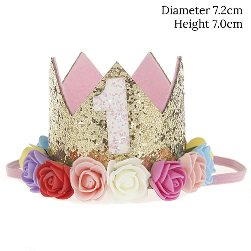 Baby Birthday Decoration Girl 1 2 3 Years Crown Hat Pink White Flower Sequins Crown 1st birthday Photo Prop Happy Birthday Gifts