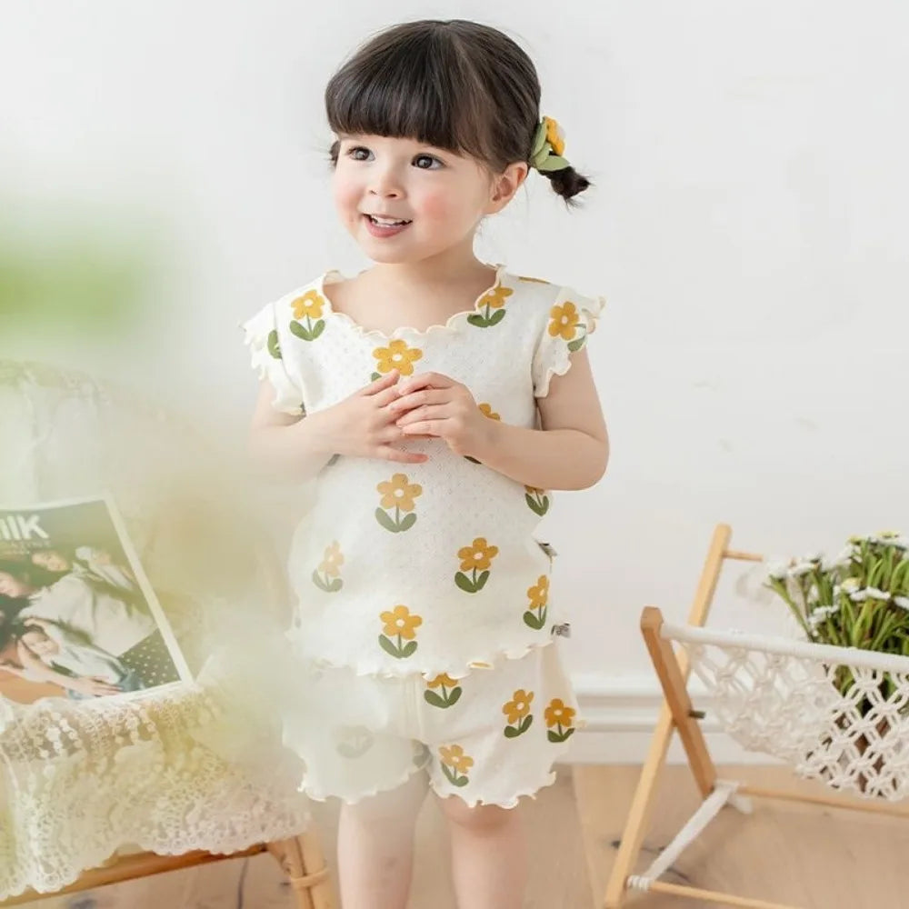 Bear Leader Summer New Pajama Baby Girl Clothes 3-7 Years Old Flower Printed Short Sleeved Top + Shorts Cute Children's Set - TiniLoom