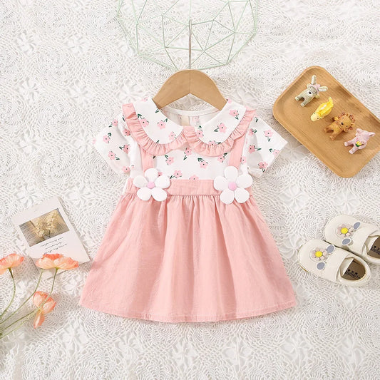 (0-3 Years Old) Summer Baby Girl Cotton Flower Fake Two-Piece Shoulder Strap Dress Girl Cute Short Sleeved Dress - TiniLoom