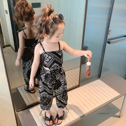 3-6Years Summer Suit Thin Girls Suit Suspender Mosquito-proof Pants Two Pieces of Cute Girl Children's Clothes - TiniLoom