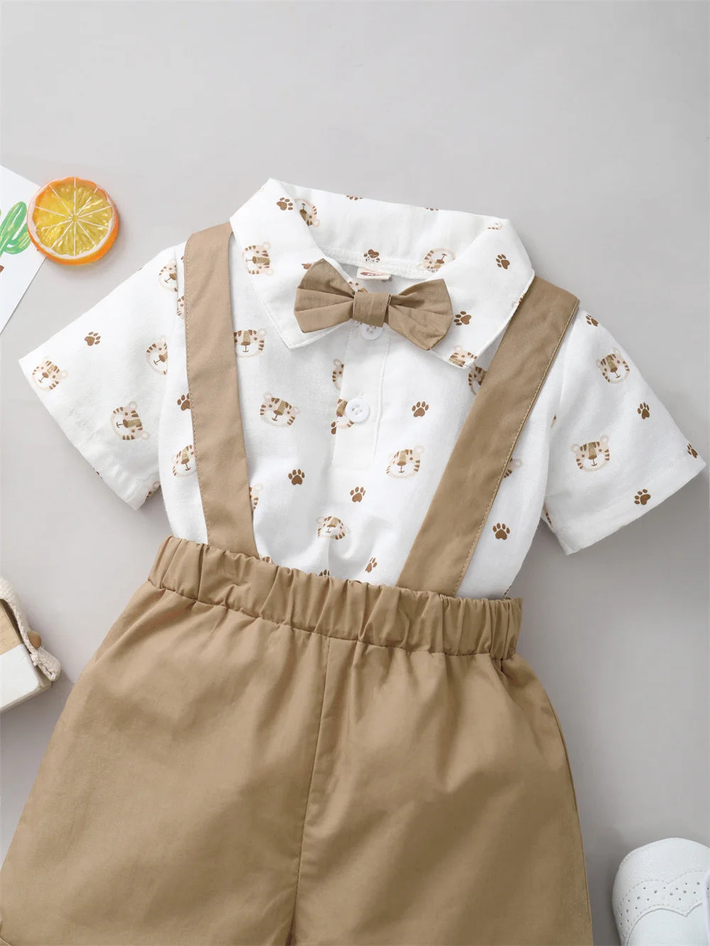 2PCS Infant Boy Clothes Set Tiger Print Short Sleeve with Bow+Strap Shorts Casual Party Birthday Suit for Toddler Boy 0-2 Years - TiniLoom