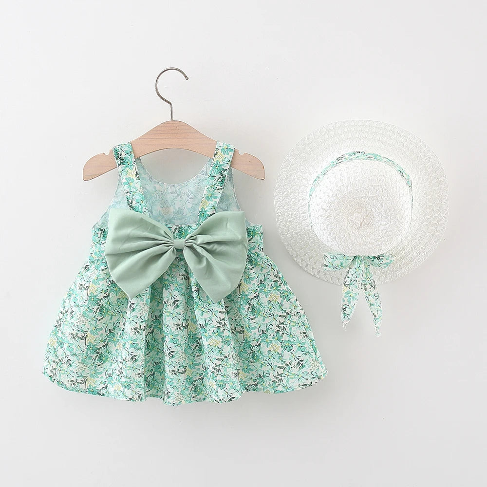 Summer 2-Piece Baby Dress+Sun Hat Bow Strap Floral Baby Girl Dress Soft And Comfortable Children'S Clothing - TiniLoom