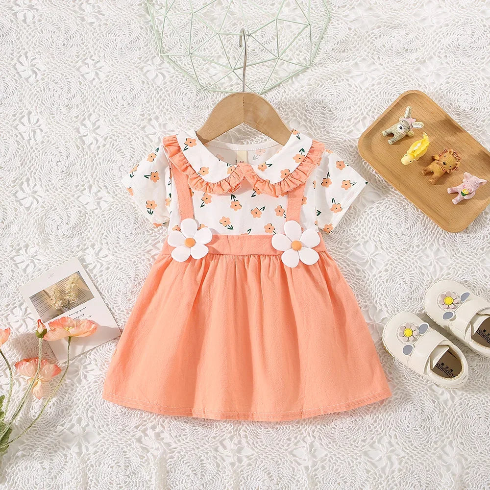 (0-3 Years Old) Summer Baby Girl Cotton Flower Fake Two-Piece Shoulder Strap Dress Girl Cute Short Sleeved Dress - TiniLoom