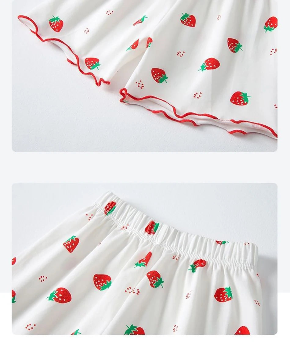 Girls Summer Pajama Sets Stylish Cartoon Pattern Printing Short Sleeve Top and Pants Made from Luxurious Cozy Ice Silk Material - TiniLoom
