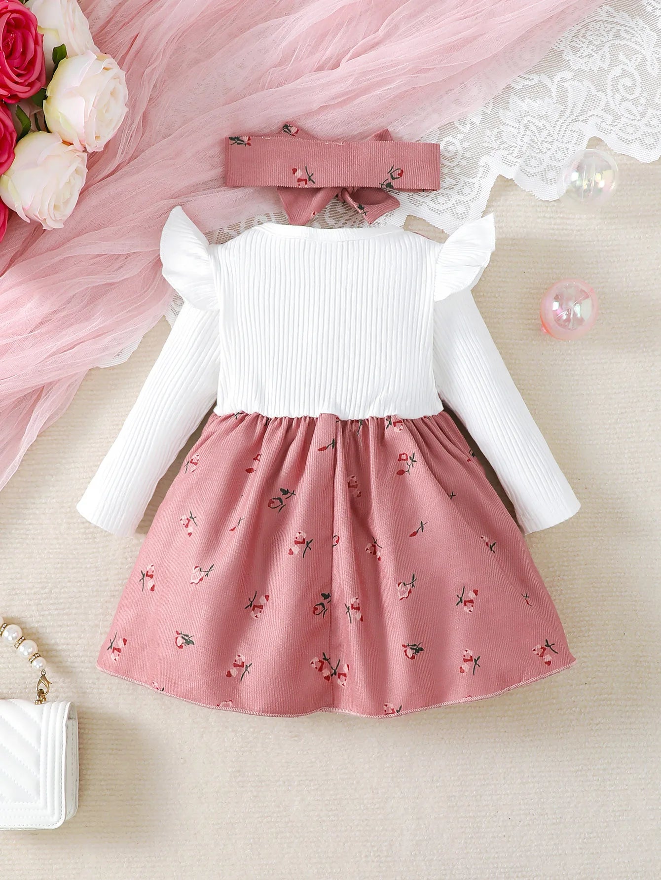 2pc/Set childrens' baby girl Dress Color blocking Broken flowers Big Bow Princess Dress+Headband 0-24 Months Baby Fashion Dress - TiniLoom