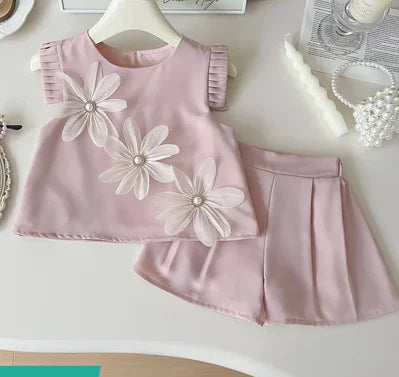 Children's Suit For Girls Summer Cute Three Flowers Short Sleeve Tshirt + Shorts 2 PC Sets Casual Outfit Baby Kids Clothing ﻿ - TiniLoom