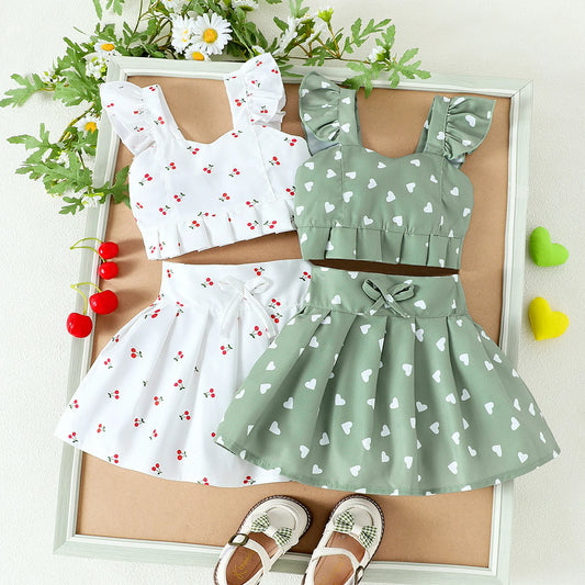 2PCS  Summer New Style Girls 1-4 Years Old Comfortable Sweet Cherry Love Pattern Top + Short Skirt Set - TiniLoom