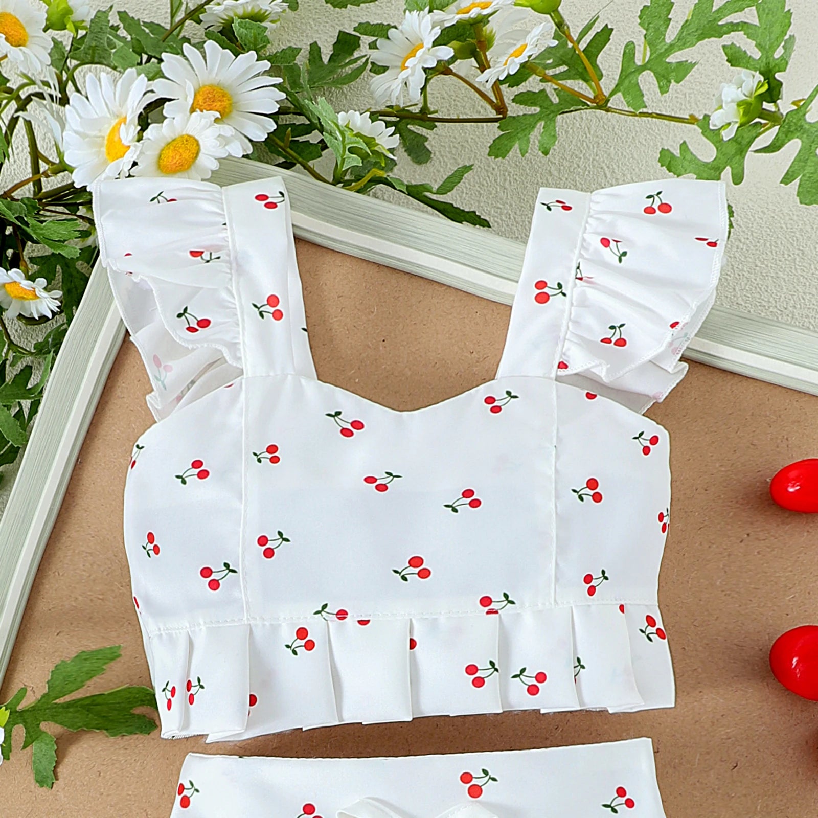 2PCS  Summer New Style Girls 1-4 Years Old Comfortable Sweet Cherry Love Pattern Top + Short Skirt Set - TiniLoom