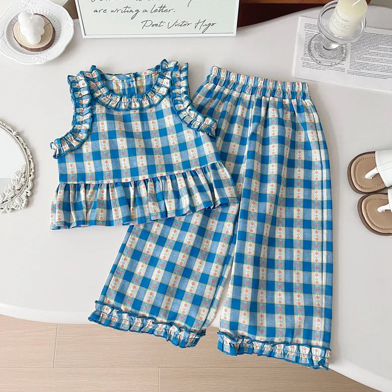 Children's Clothing Sets Blue Plaid Floral Print Sleeveless Top + Wide Leg Pants + Shorts 3 Pcs Sets Kids Clothes for Girls - TiniLoom