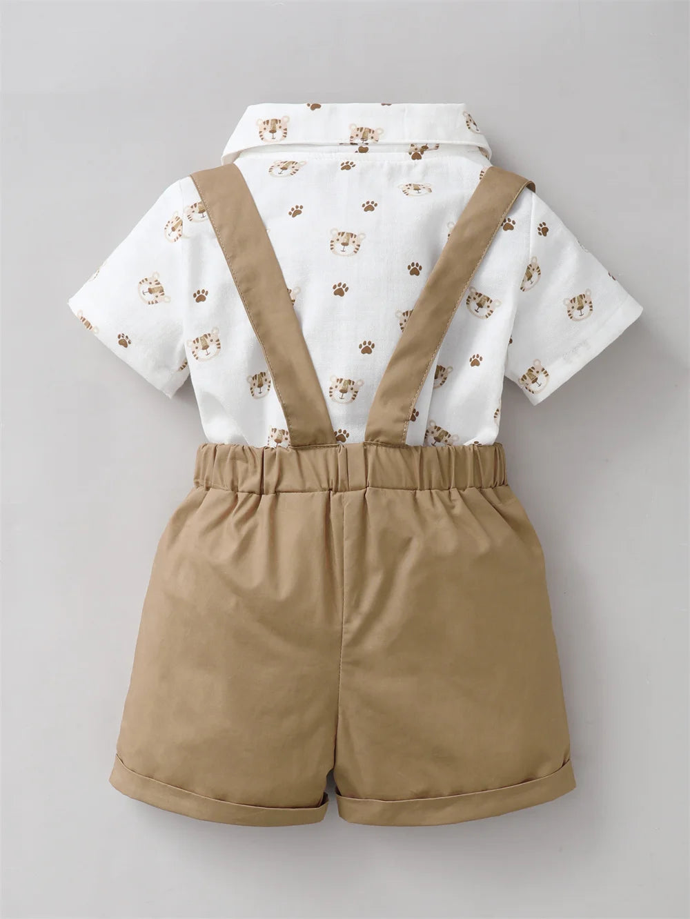 2PCS Infant Boy Clothes Set Tiger Print Short Sleeve with Bow+Strap Shorts Casual Party Birthday Suit for Toddler Boy 0-2 Years - TiniLoom