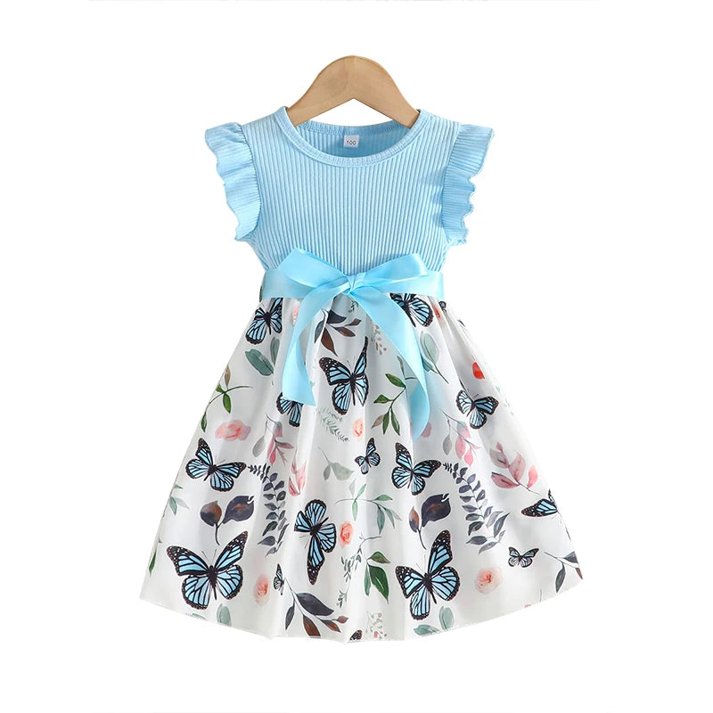 Set For Kids  Girl 3-7 Years old Ruffled Sleeve Butterfly Floral Tulle Cute Princess Formal Dresses with Belt Ootd For Baby Girl - TiniLoom
