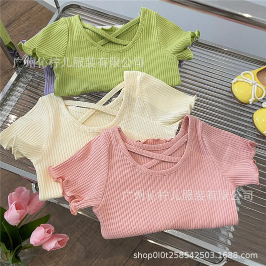 Girls T-Shirt Summer Children Short Sleeved Thin Soft Tops Simple Solid Color Casual Kids Clothing 2-6 Years Sweet Shirtthing - TiniLoom