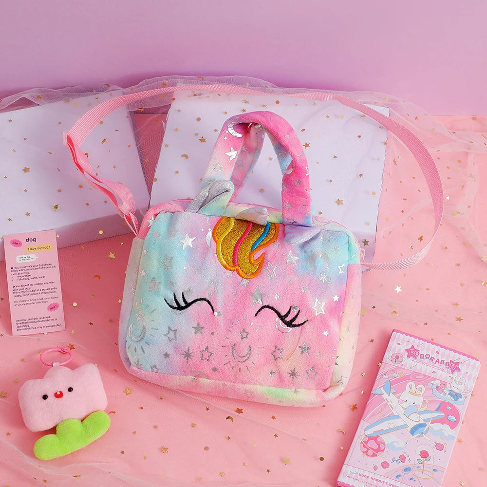 Plush Unicorn Crossbody Bag for Girls Kids Shoulder Purse Cute Student Gift Pencil Case Coin Wallet Travel Accessory - TiniLoom