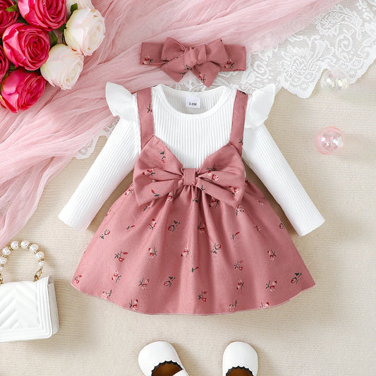 2pc/Set childrens' baby girl Dress Color blocking Broken flowers Big Bow Princess Dress+Headband 0-24 Months Baby Fashion Dress - TiniLoom