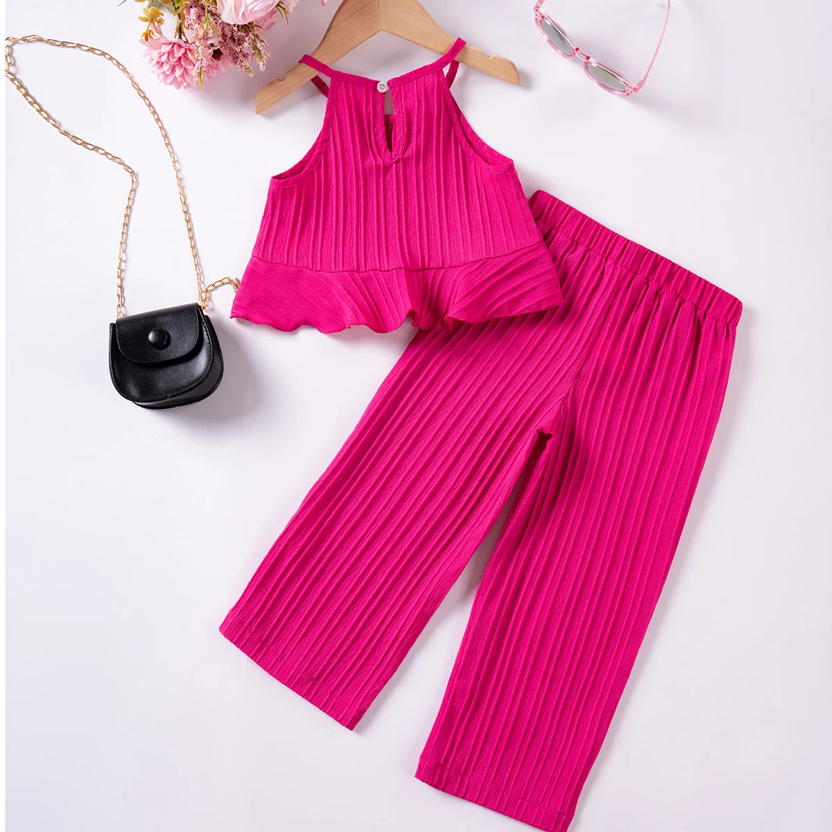 Girls Solid Color Suspenders Summer Suspenders Ruffles + Wide Leg Pants 2 Pieces Dress Set White Cute Elegant Baby Clothes - TiniLoom
