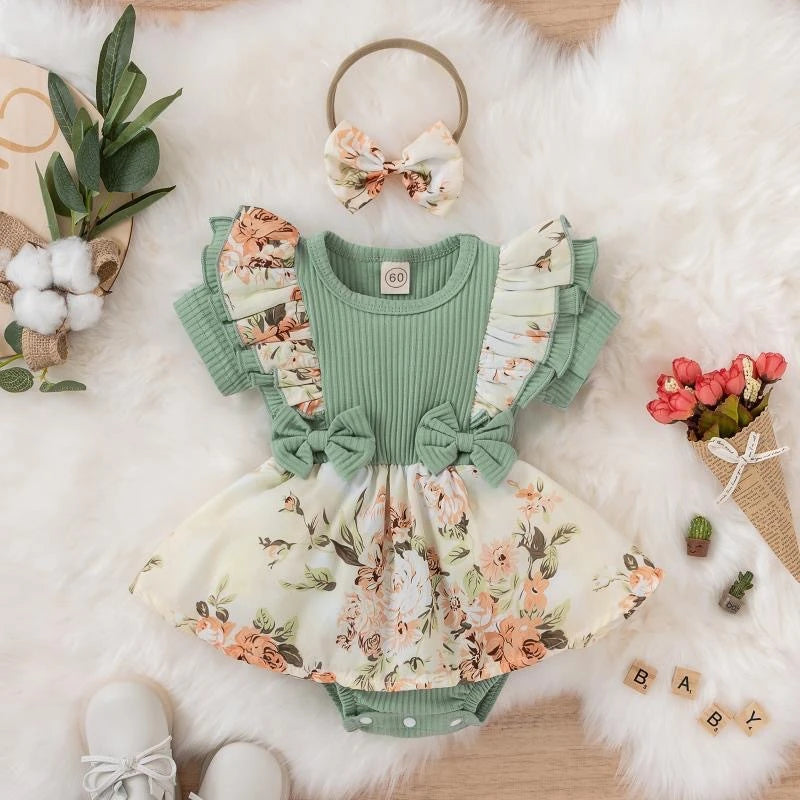 Summer Baby Girl Dress With Bowknot Striped Jumpsuit Cotton Dress For Newborn Floral Clothes Baby Crawling Clothes - TiniLoom
