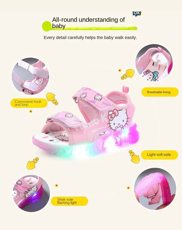 2025 Summer New Baby Girls Led Light Sandals Cute Hello Kitty Children's Casual Shoes Anti-slip Kids Beach Shoes Outdoor Shoes - TiniLoom