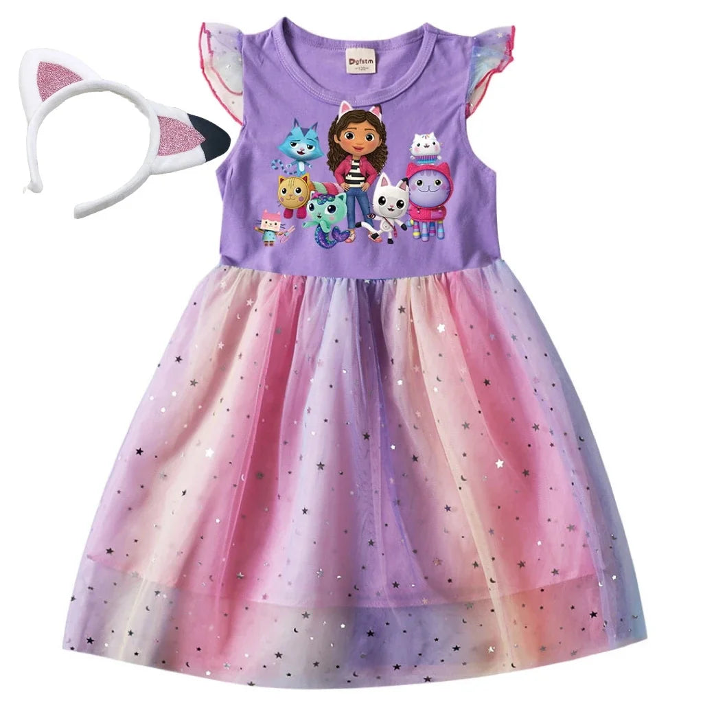 Baby Girls Dress Children Cartoon Mesh Star Sequins Princess Dress Kids Flying Sleeve Skirt For Daily Halloween Birthday Gift - TiniLoom