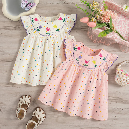 Baby Girl Dress Summer Colorful Polka Dot Flower Embroidery Girls Princess Dress Cute Girls Beach Dresses - TiniLoom