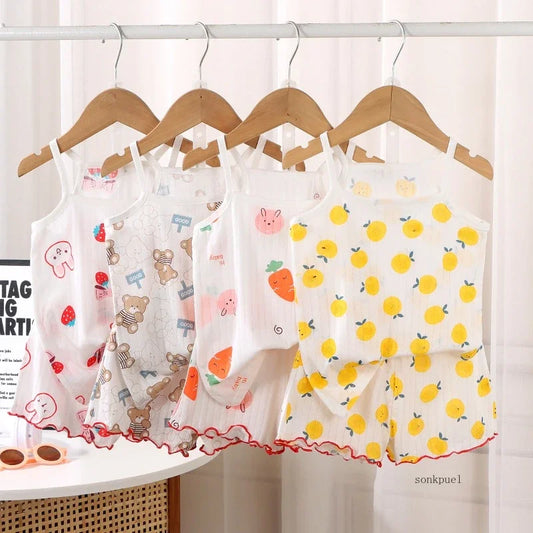 2024 New Kids Tops+shorts Set Summer Thin Baby Cotton Vest Sleeveless Loungewear Set for Girls Suit - TiniLoom