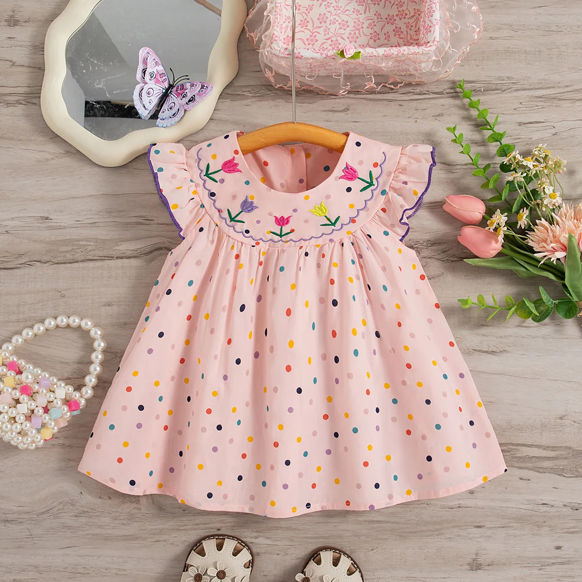 Baby Girl Dress Summer Colorful Polka Dot Flower Embroidery Girls Princess Dress Cute Girls Beach Dresses - TiniLoom