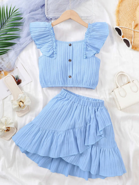 Kid Girls Summer Princess Clothing Set Flutter Sleeve Plain Color Tops+Short Skirt Sweet Style Party Wear For Child 8-12 Years - TiniLoom