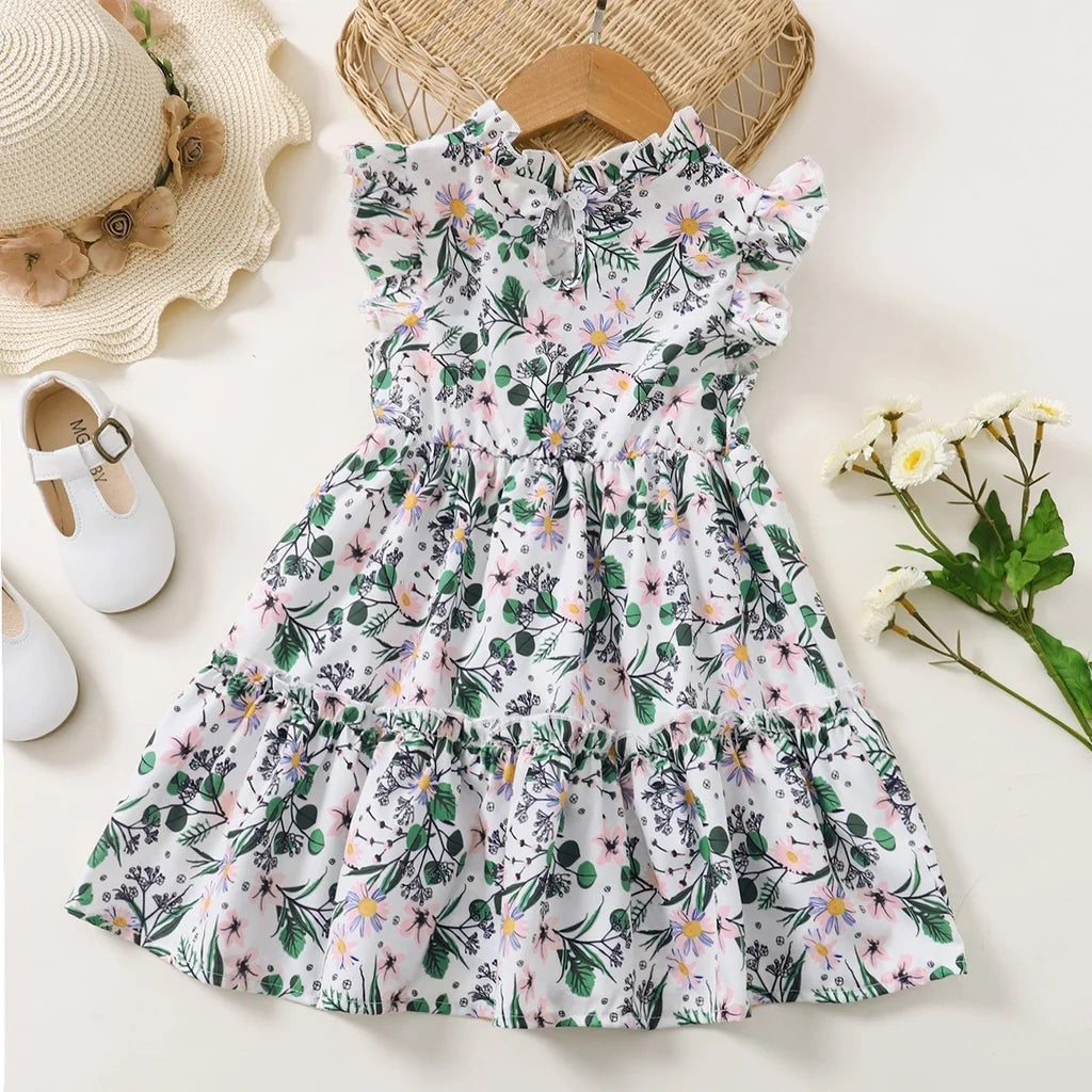 1-6 Years Kids Baby Girl Daily Dress Flowers Print Sleeveless Retro Style Lovely A- Line Summer Children Holiday Party Dresses - TiniLoom