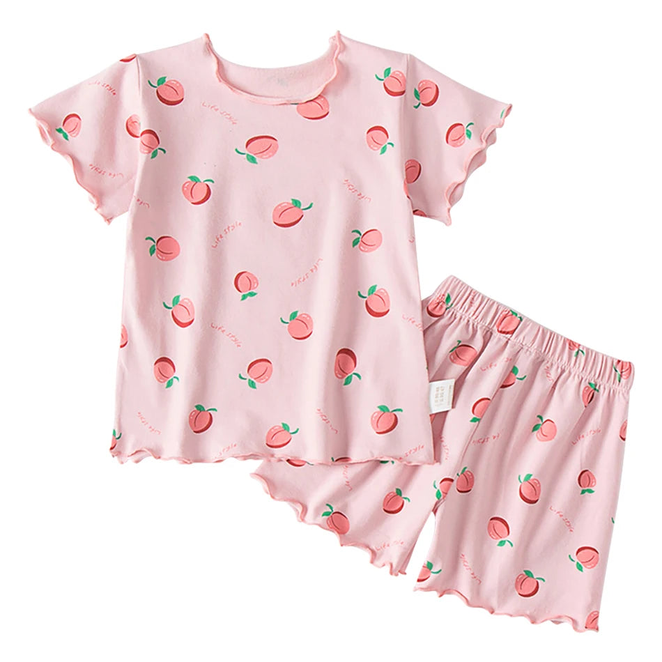 Girls Summer Pajama Sets Stylish Cartoon Pattern Printing Short Sleeve Top and Pants Made from Luxurious Cozy Ice Silk Material - TiniLoom