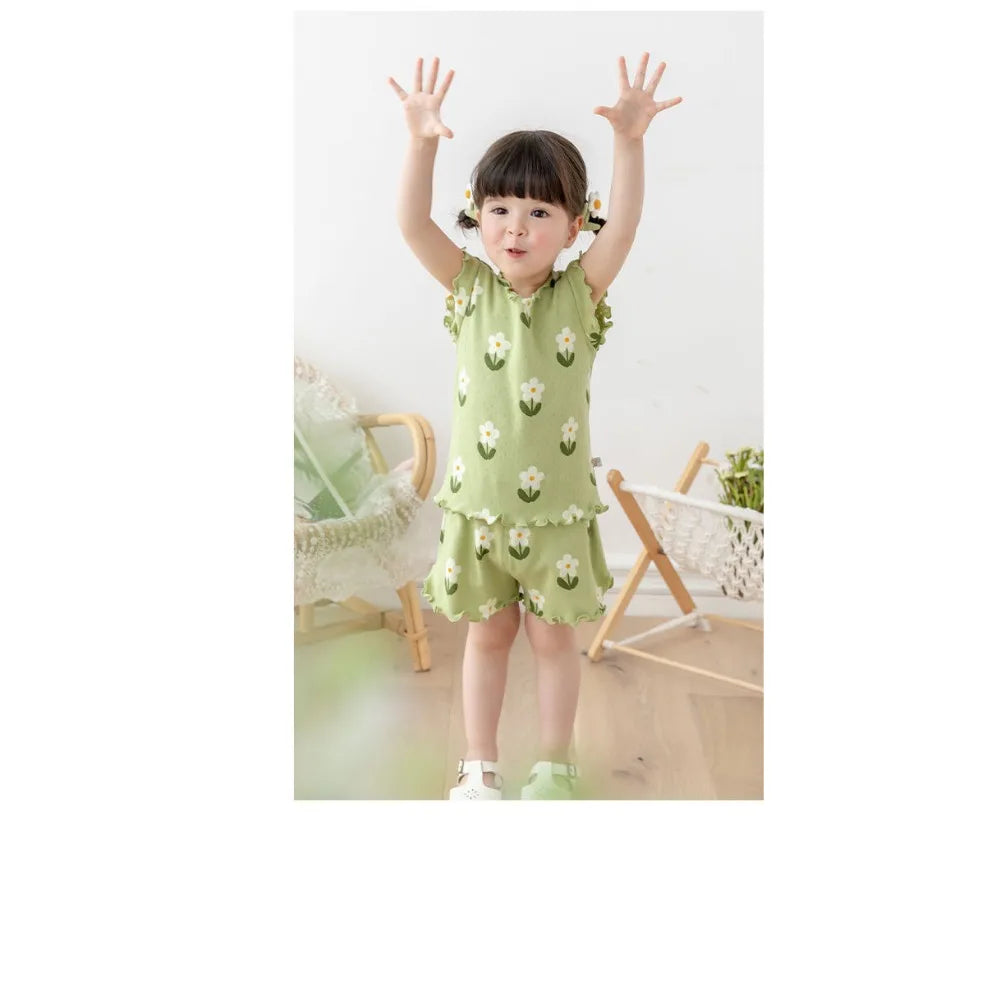 Bear Leader Summer New Pajama Baby Girl Clothes 3-7 Years Old Flower Printed Short Sleeved Top + Shorts Cute Children's Set - TiniLoom