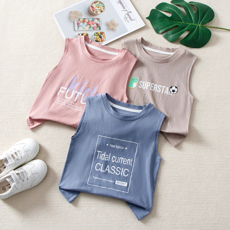 Children's Summer T-shirts Boys Girls Vests Sleeveless Cartoon Tee Tops 100% Cotton Comfortable Kids T-shirt Clothes Fashion New - TiniLoom