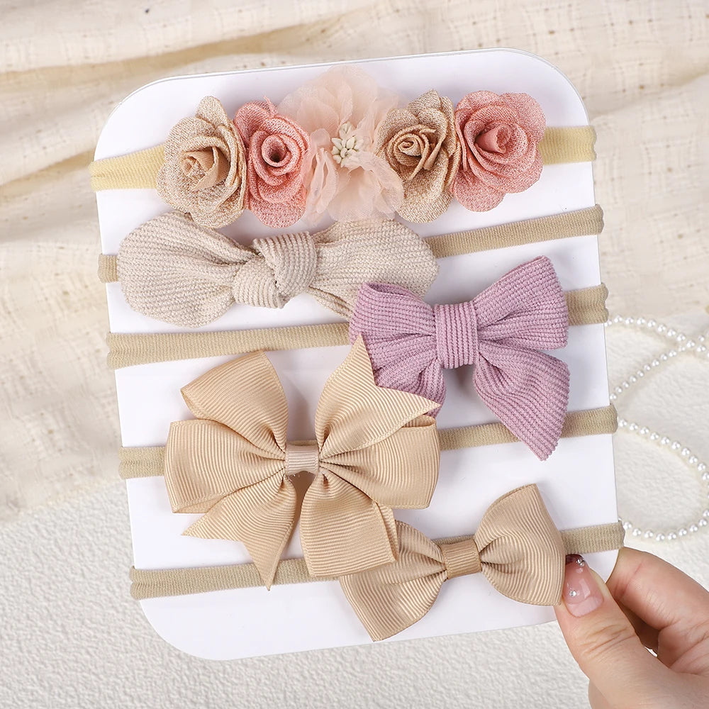 5Pcs/Set Baby Elastic Headband Newborn Flower Lace Bowknot Nylon Hair Bands for Girls Infant Toddler Soft Hair Accessories Gift
